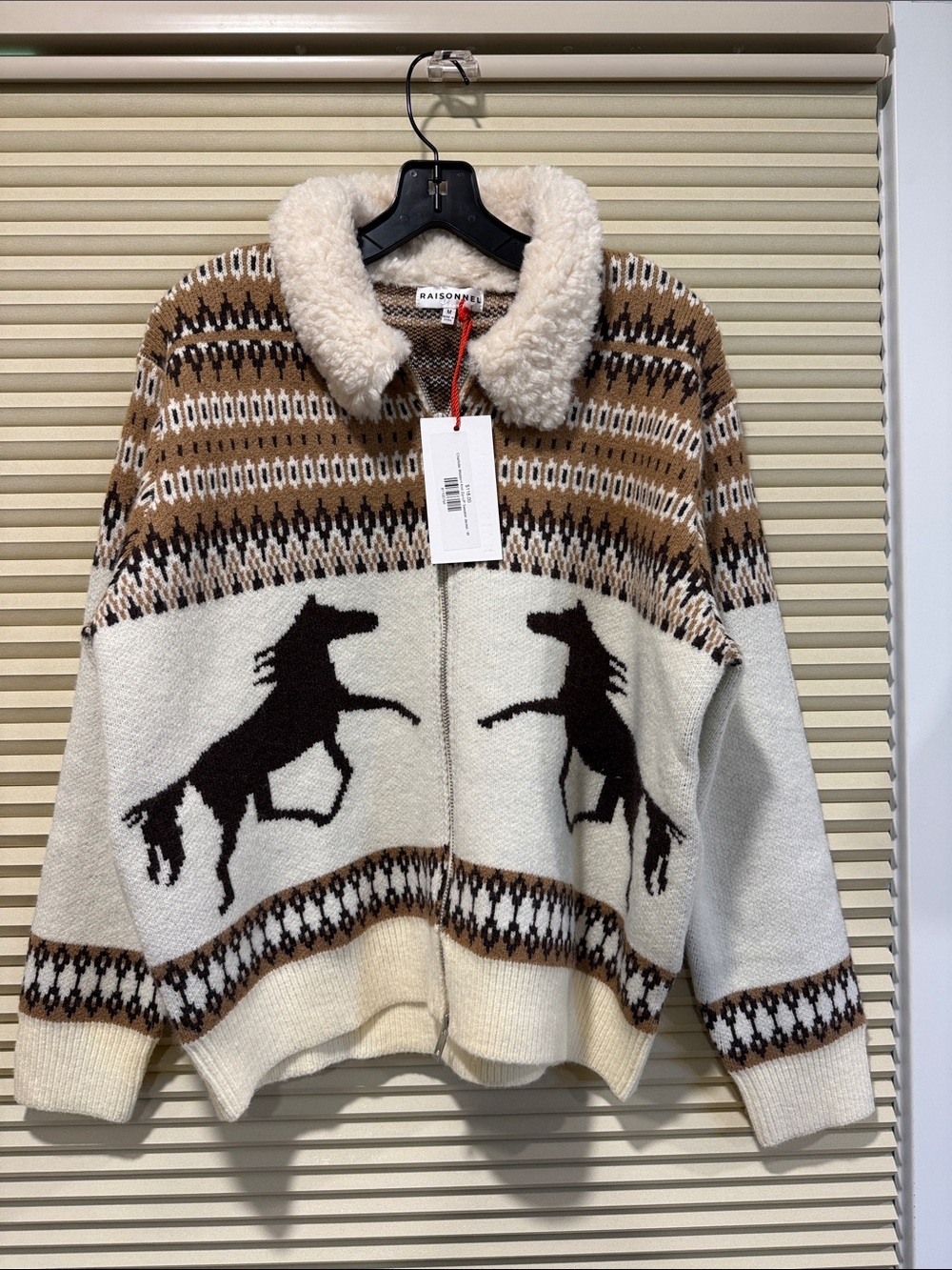 Raisonnell Cream & Brown Horse Knit Jacket with Sherpa Collar